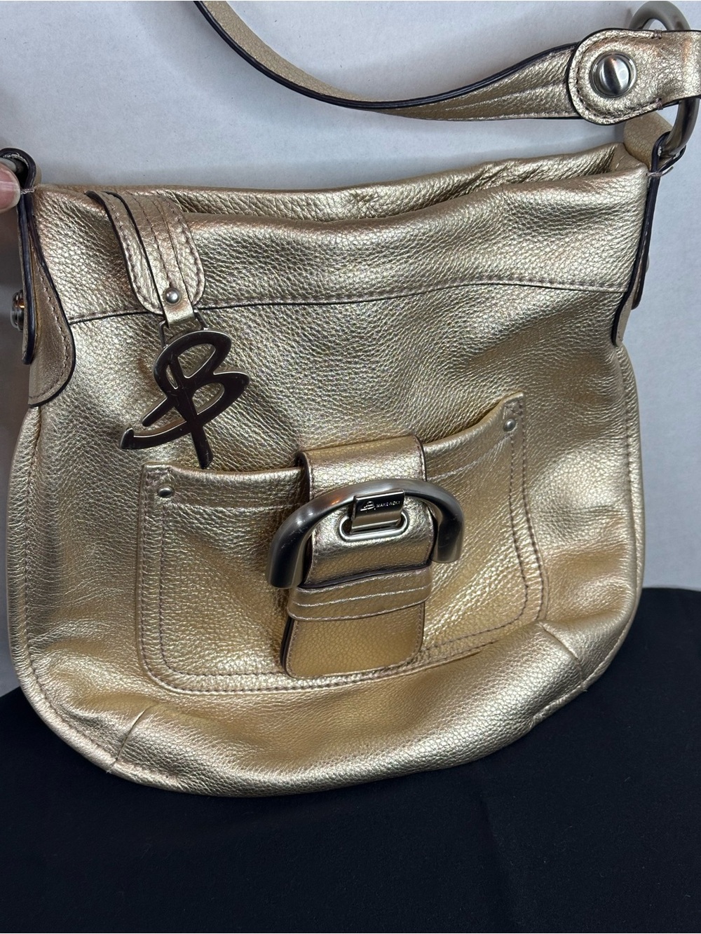 b. makowsky Metallic Gold Leather Crossbody Bag with Signature B Charm